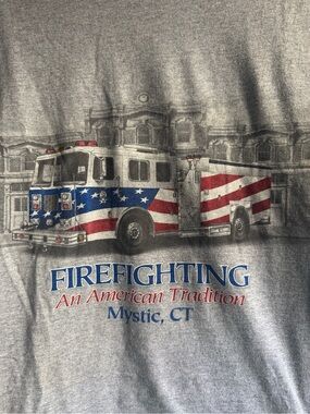 Firefighting Graphic Tee Shirt in Gray with American Flag Firetruck Mystic CT